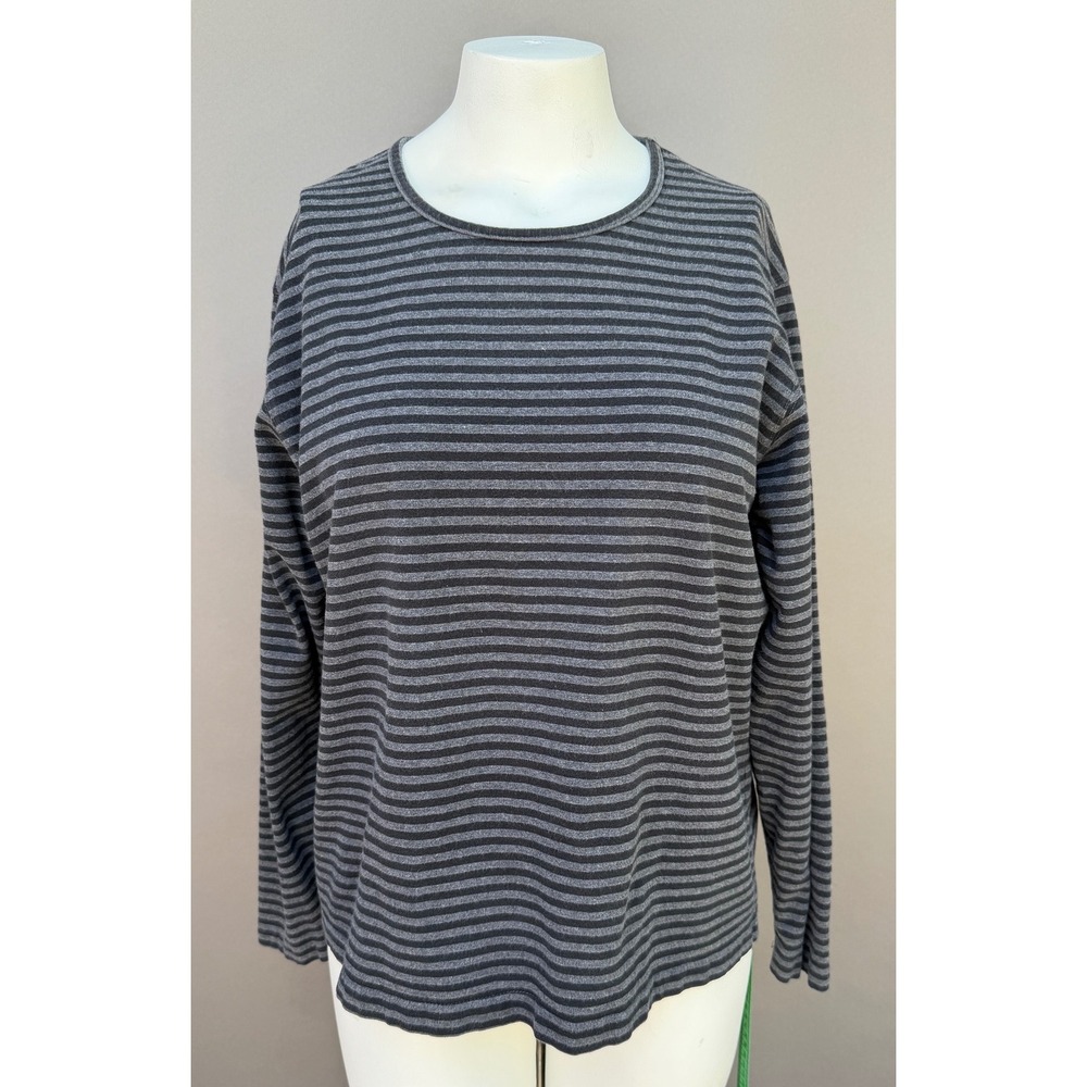 LL Bean Womens Large Grey Black Striped Long Sleeve Tee Cotton Stretch Gorpcore